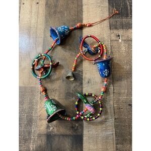 India Door Wall Hanging Hand Painted Brass Bells Beads Bird Toran Decor Garland